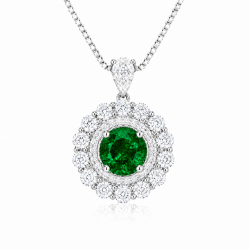 Moon Halo lab-grown emerald and moissanite necklace in rhodium-plated sterling silver