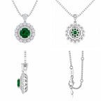 Four views of the Moon Halo Emerald Necklace showing the front, side, back, and pendant details in rhodium-plated sterling silver