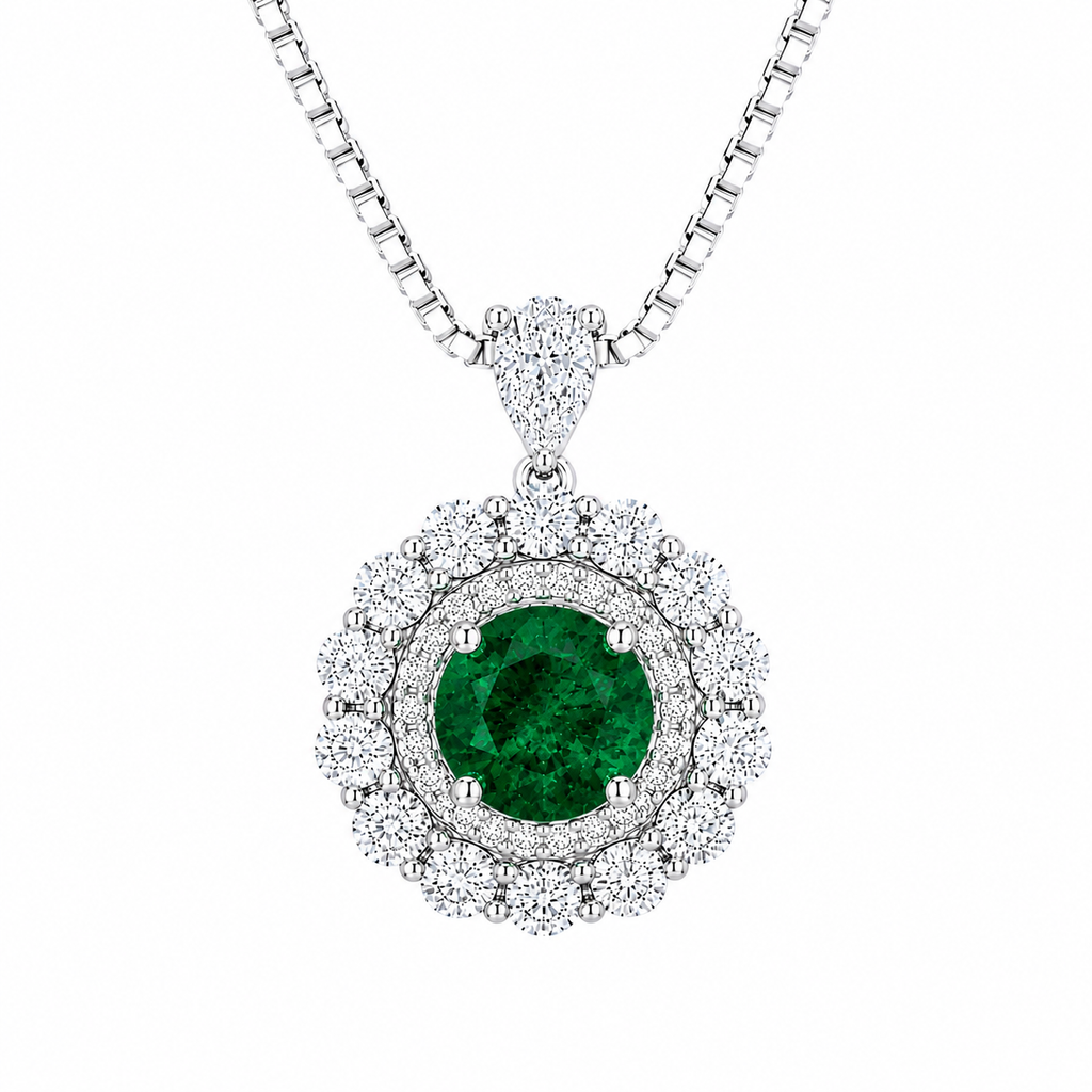 Moon Halo lab-grown emerald and moissanite necklace in rhodium-plated sterling silver