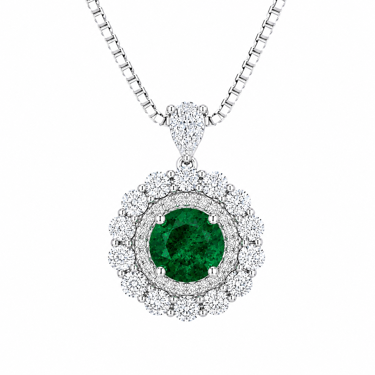 Moon Halo lab-grown emerald and moissanite necklace in rhodium-plated sterling silver