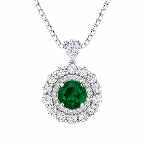 Moon Halo lab-grown emerald and moissanite necklace in rhodium-plated sterling silver