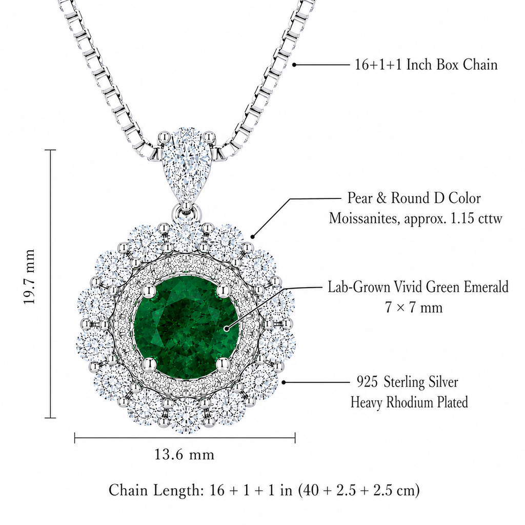 Moon Halo Emerald Necklace detail view showing the vivid green lab-grown emerald, moissanite halo, and pear accent in rhodium-plated sterling silver