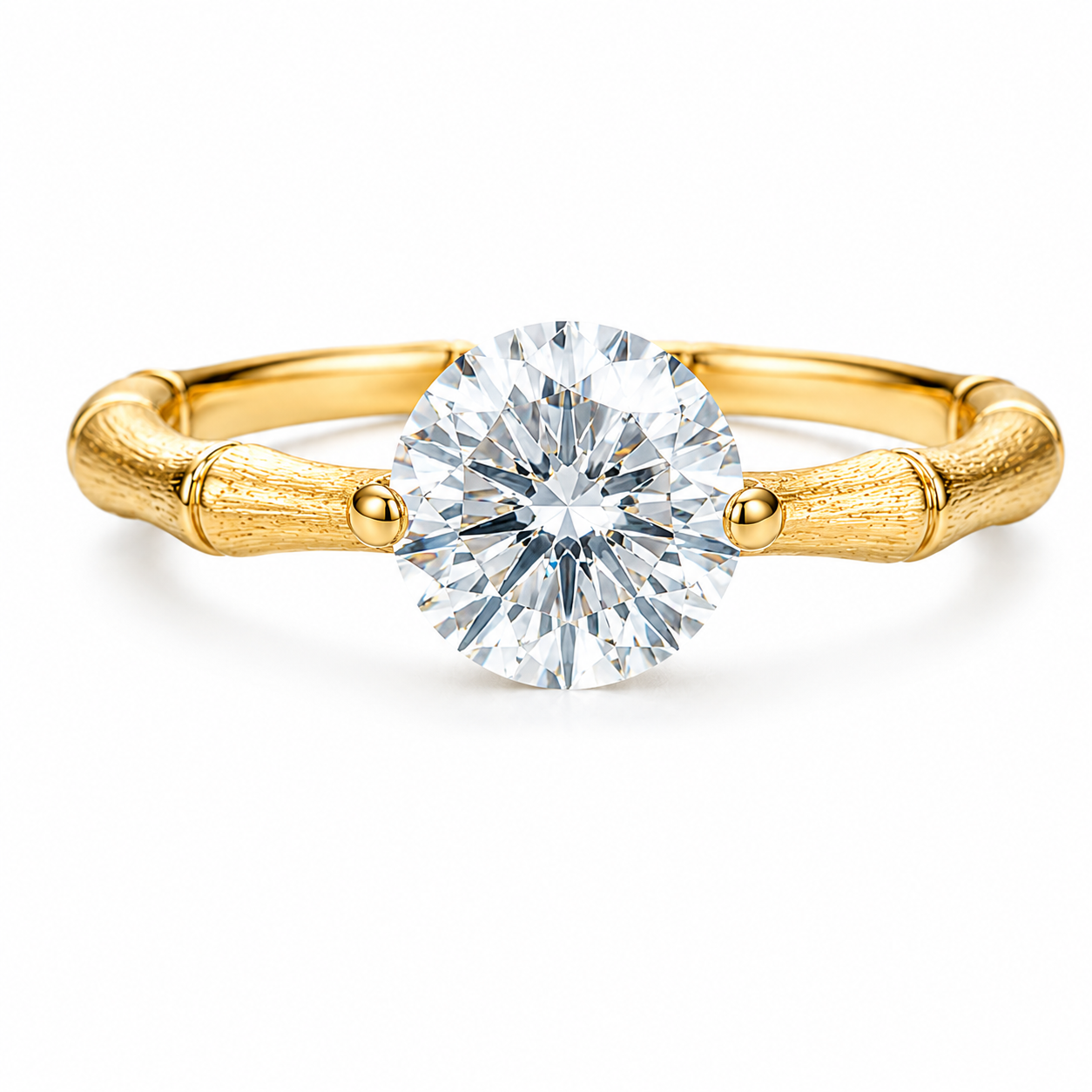 Close-up of Eve’s Embrace D-color moissanite solitaire ring with satin finish in heavy 18K gold plated 925 sterling silver