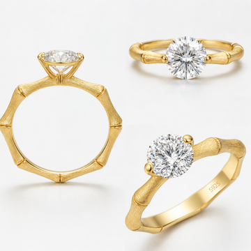 Multiple views of Eve’s Embrace D-color moissanite solitaire ring in heavy 18K gold plated 925 sterling silver