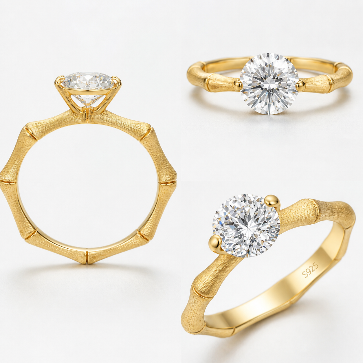 Multiple views of Eve’s Embrace D-color moissanite solitaire ring in heavy 18K gold plated 925 sterling silver