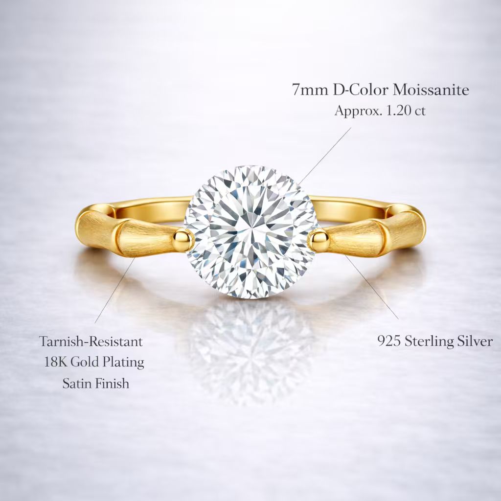 Eve’s Embrace 1.20 ct D-color moissanite solitaire ring in 18K gold plated 925 sterling silver with satin finish