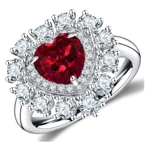Heart-shaped lab-grown ruby ring with double moissanite halo in 925 sterling silver
