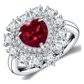 Heart-shaped lab-grown ruby ring with double moissanite halo in 925 sterling silver