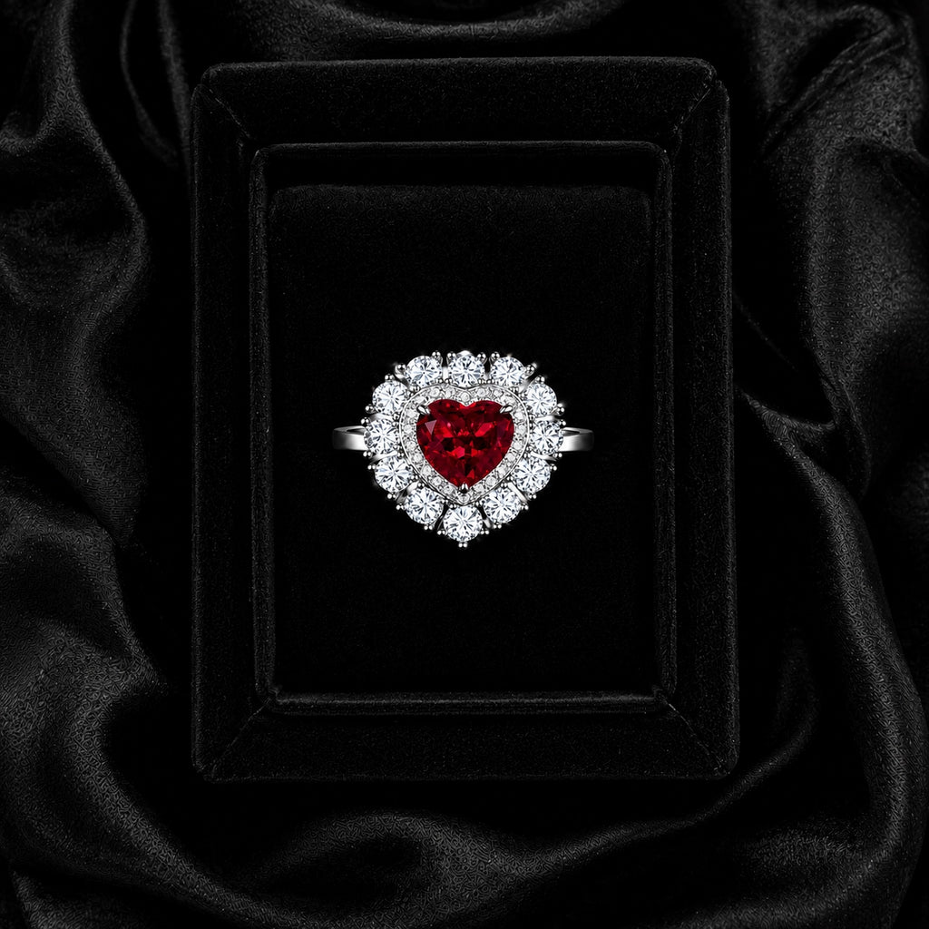 Heart-shaped lab-grown ruby ring with sparkling moissanite halo in 925 sterling silver, displayed in a black velvet gift box