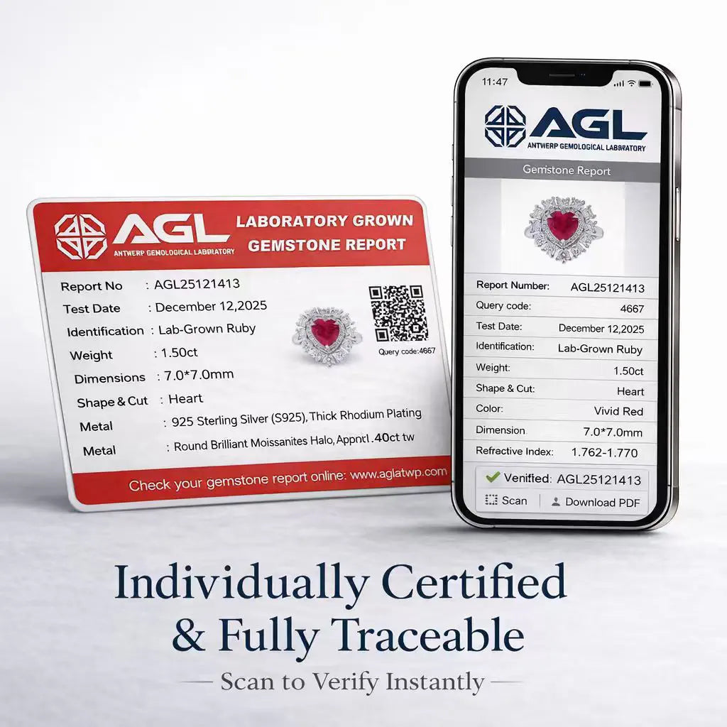 Heart-shaped lab-grown ruby ring with individual AGL certificate and online verification report