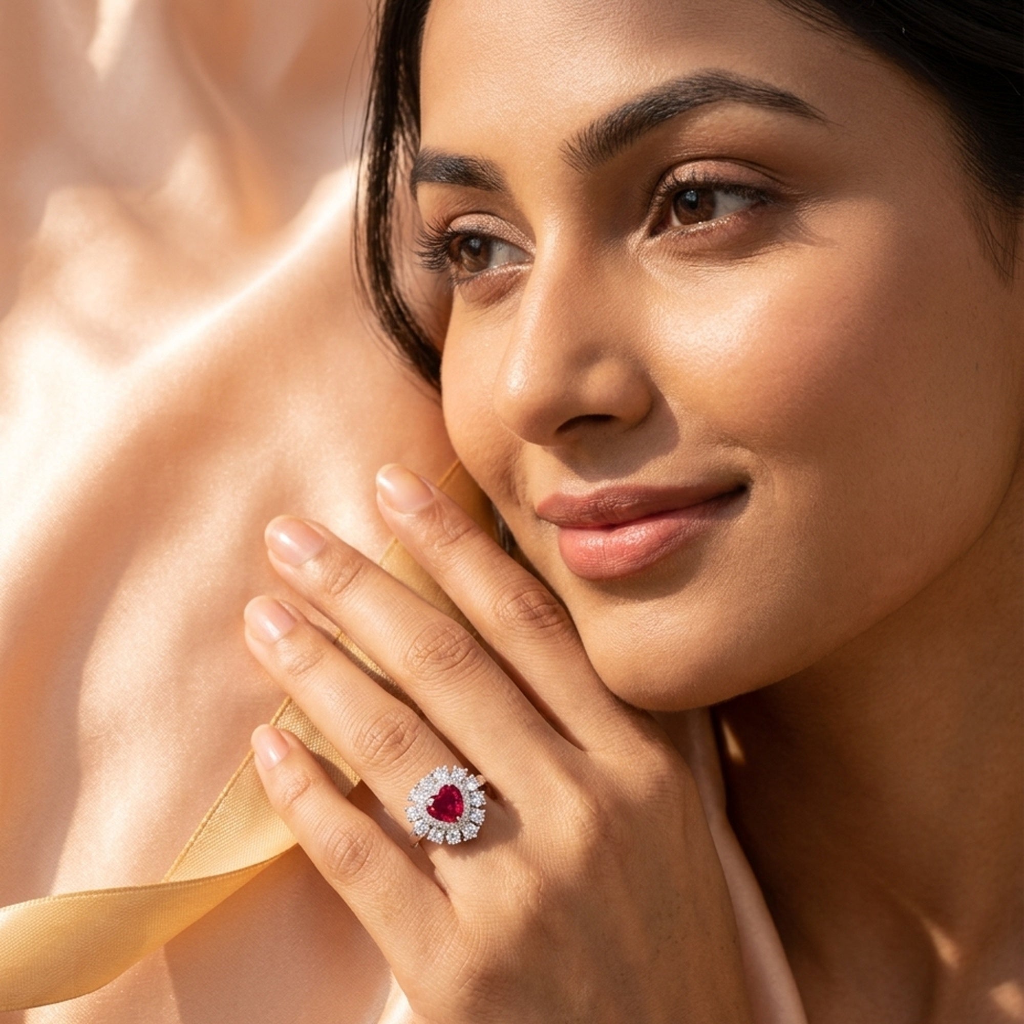 Model wearing a heart-shaped lab-grown ruby ring with double moissanite halo in 925 sterling silver