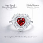 Heart-shaped lab-grown ruby ring with D-color moissanite double halo in rhodium-plated 925 sterling silver