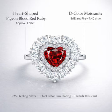 Heart-shaped lab-grown ruby ring with D-color moissanite double halo in rhodium-plated 925 sterling silver