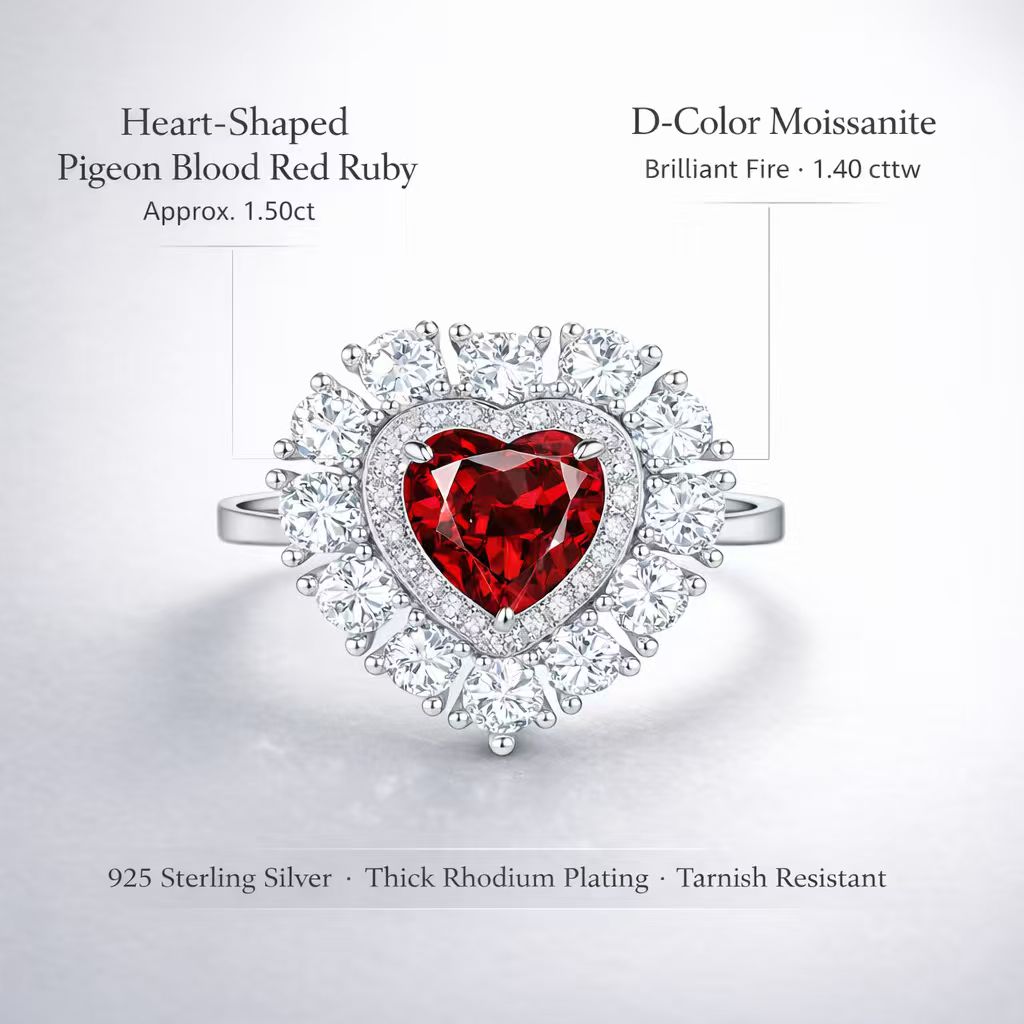 Heart-shaped lab-grown ruby ring with D-color moissanite double halo in rhodium-plated 925 sterling silver