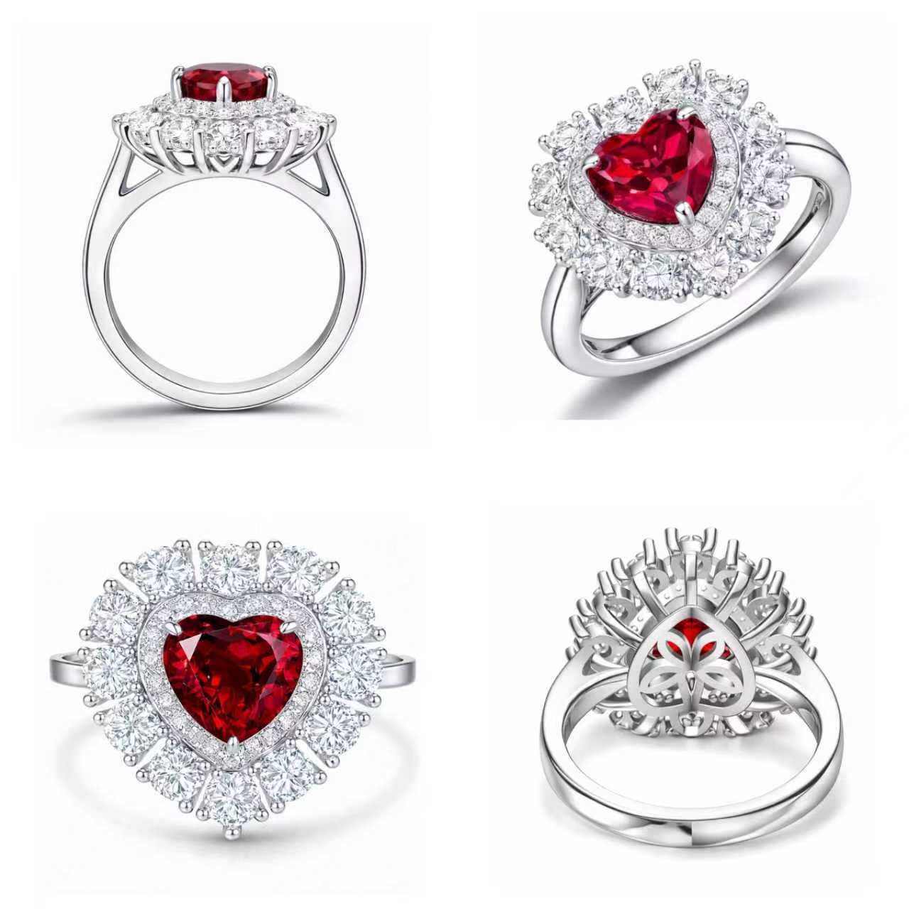 Multiple views of heart-shaped lab-grown ruby ring with double moissanite halo in rhodium-plated 925 sterling silver