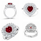 Multiple views of heart-shaped lab-grown ruby ring with double moissanite halo in rhodium-plated 925 sterling silver