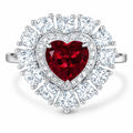 Heart-shaped lab-grown ruby ring with double moissanite halo in 925 sterling silver