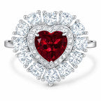 Heart-shaped lab-grown ruby ring with double moissanite halo in 925 sterling silver