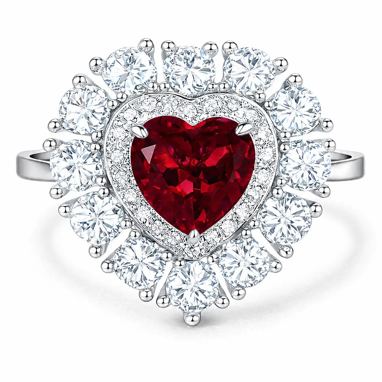 Heart-shaped lab-grown ruby ring with double moissanite halo in 925 sterling silver