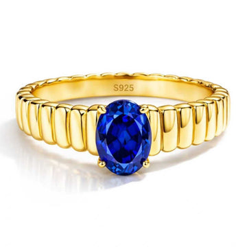 Love Ladder oval lab-grown blue sapphire ring in heavy 18K gold plated 925 sterling silver