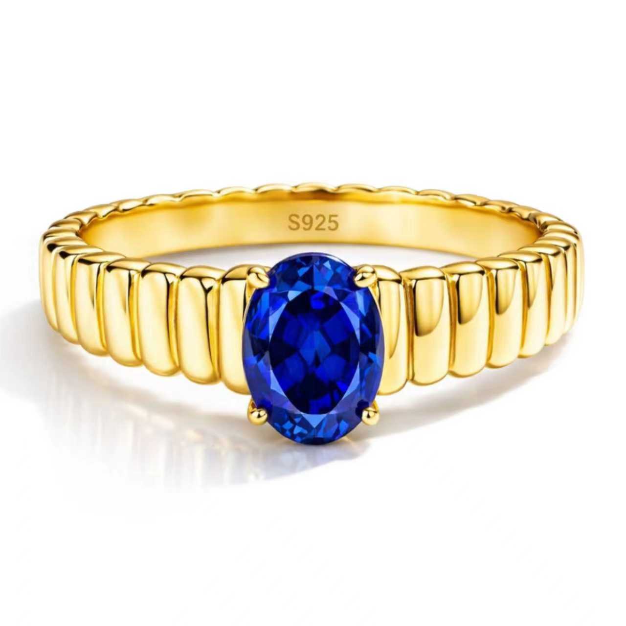Love Ladder oval lab-grown blue sapphire ring in heavy 18K gold plated 925 sterling silver
