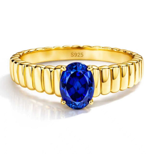 Love Ladder oval lab-grown blue sapphire ring in heavy 18K gold plated 925 sterling silver
