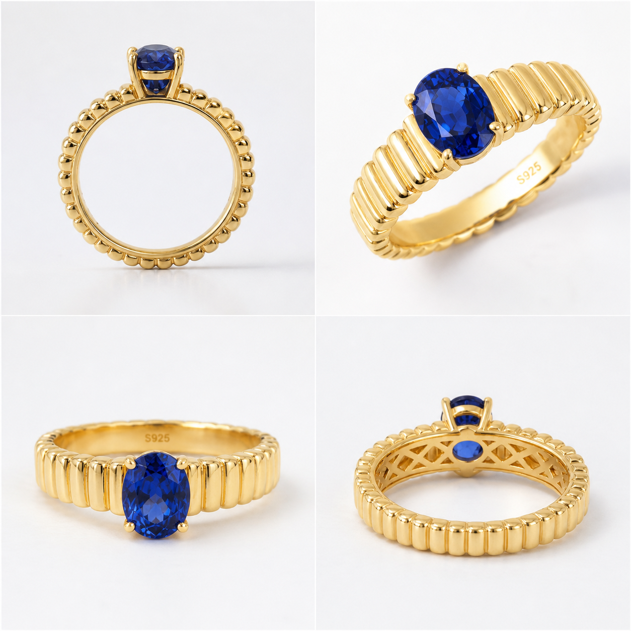 Multiple views of Love Ladder oval lab-grown blue sapphire ring in heavy 18K gold plated 925 sterling silver