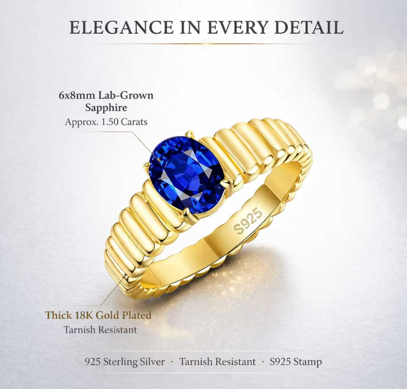 Love Ladder 1.50 ct lab-grown blue sapphire ring in thick 18K gold plated 925 sterling silver