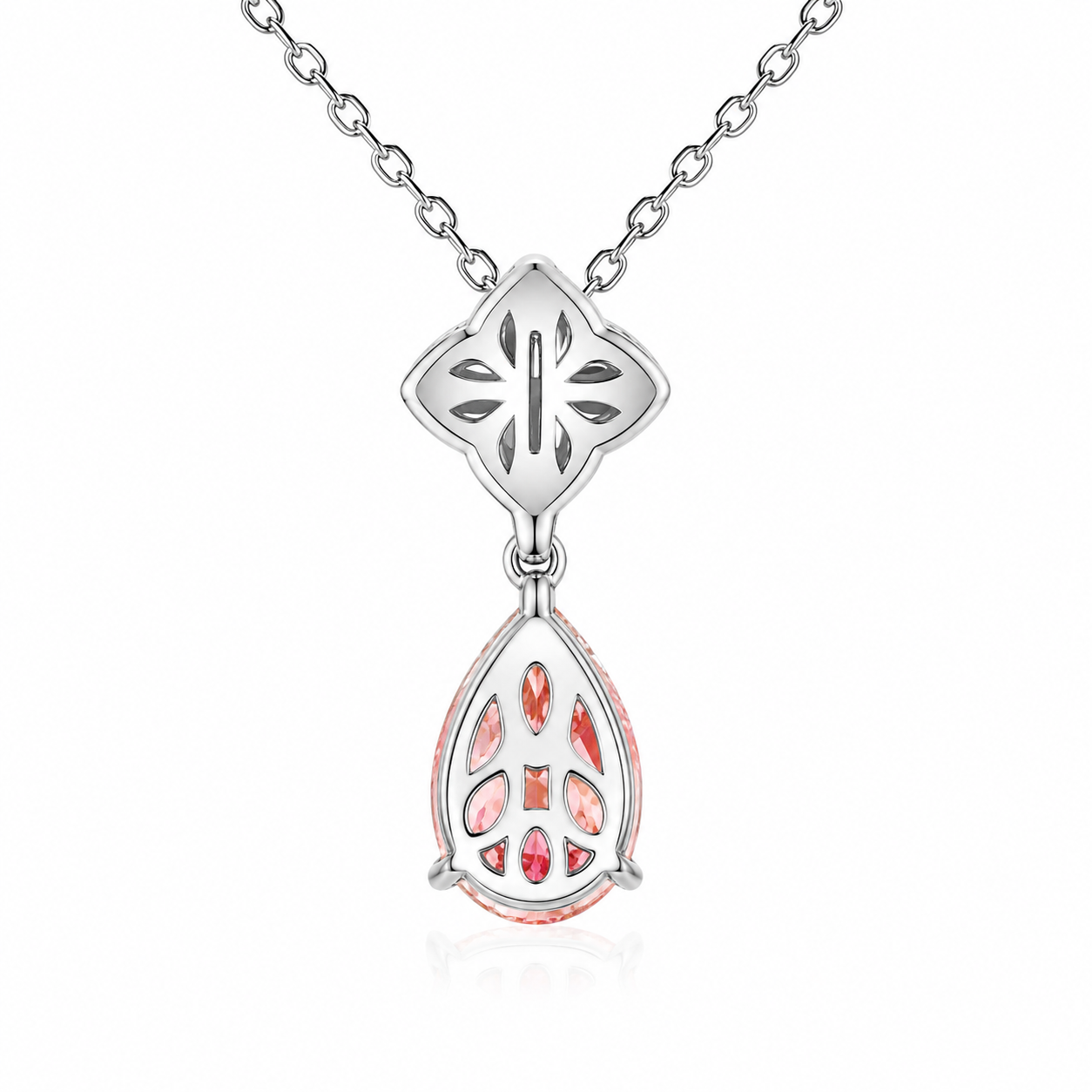 Back view of the Celestial Bloom padparadscha sapphire pendant showing the openwork setting and rhodium-plated sterling silver finish