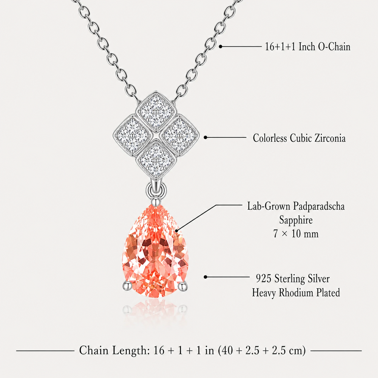 Celestial Bloom necklace details showing a 7 x 10 mm lab-grown padparadscha sapphire, cubic zirconia accents and adjustable O-link chain