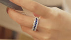 Video of three-row lab-grown blue sapphire and moissanite ring worn on hand in rhodium-plated 925 sterling silver