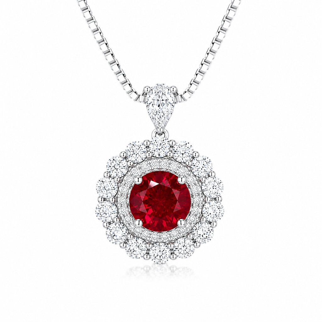 Moon Halo Ruby Necklace with a pigeon-blood red lab-grown ruby and moissanite halo in rhodium-plated sterling silver