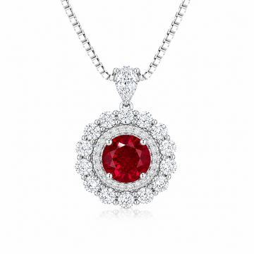 Moon Halo Ruby Necklace with a pigeon-blood red lab-grown ruby and moissanite halo in rhodium-plated sterling silver
