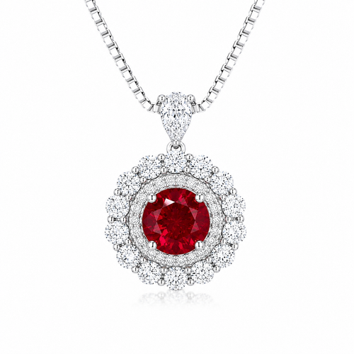 Moon Halo Ruby Necklace with a pigeon-blood red lab-grown ruby and moissanite halo in rhodium-plated sterling silver