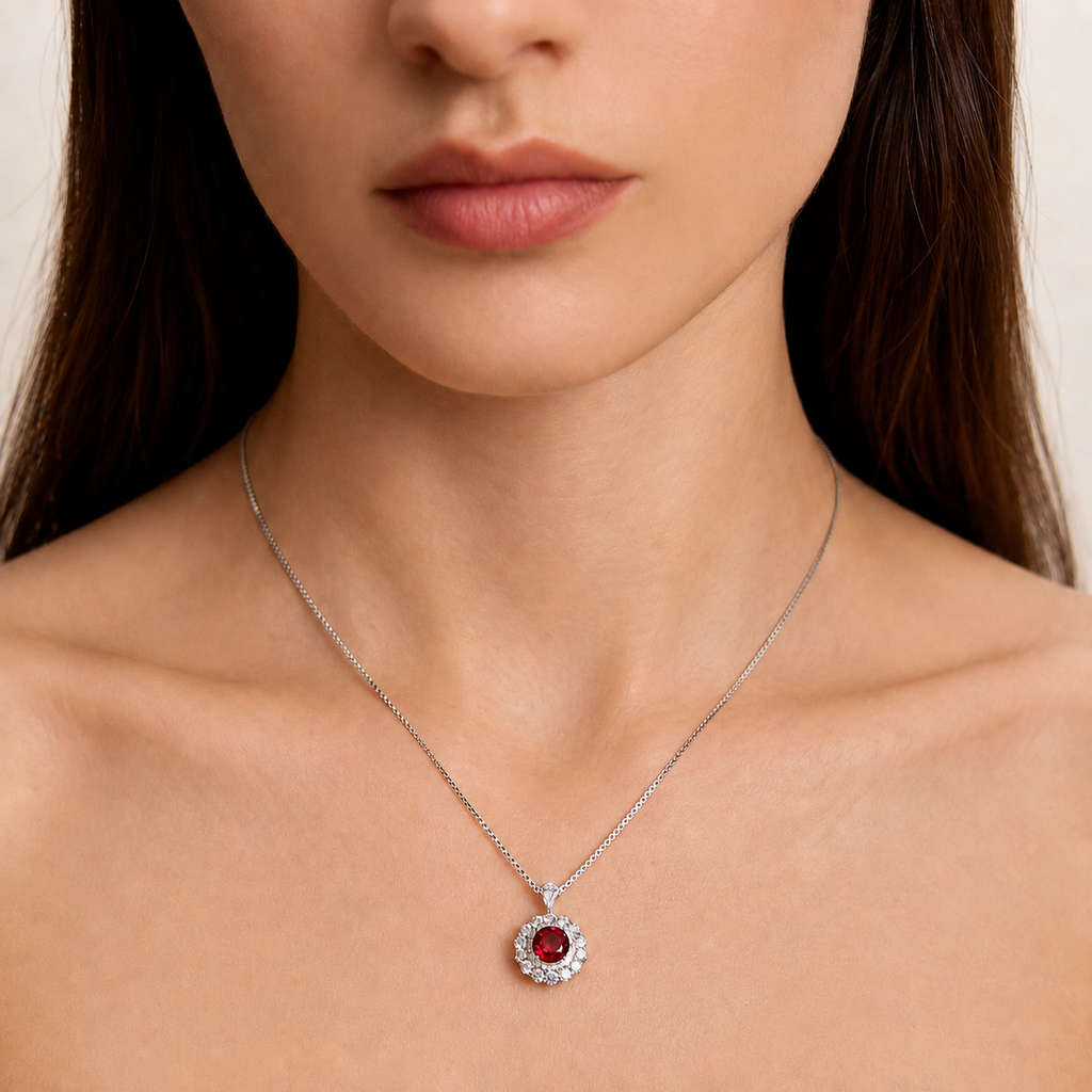 Model wearing the Moon Halo Ruby Necklace with a pigeon-blood red lab-grown ruby pendant and moissanite halo