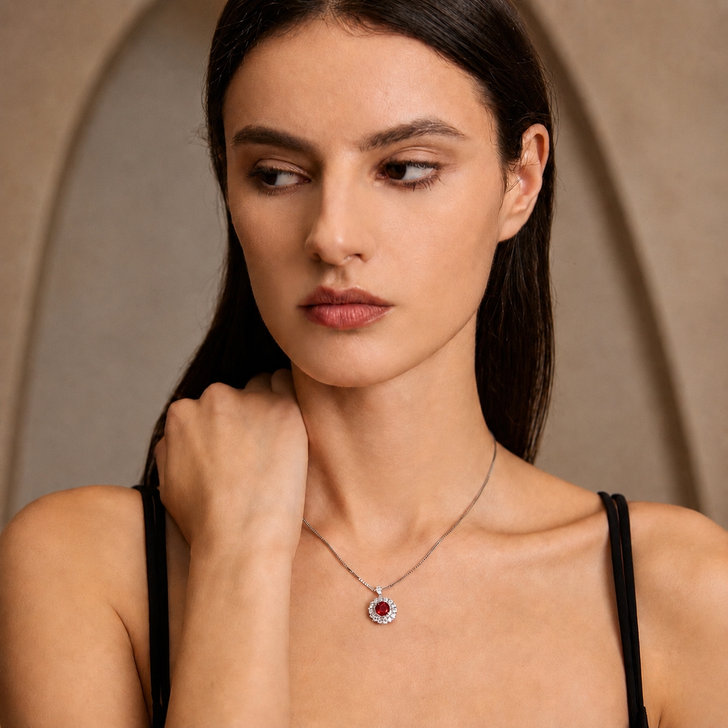 Model styling the Moon Halo Ruby Necklace with a delicate silver chain and ruby halo pendant