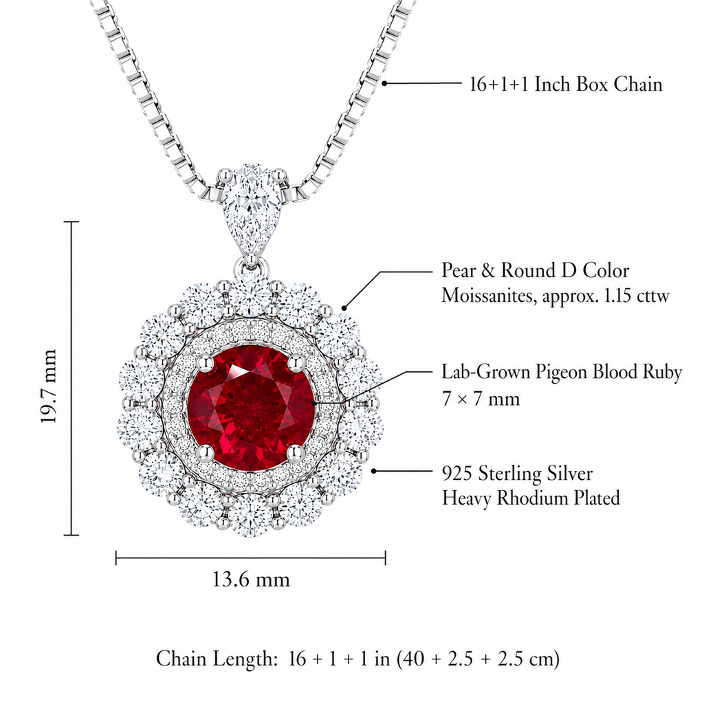 Moon Halo Ruby Necklace detail view showing the lab-grown ruby center stone, moissanite accents, and silver setting