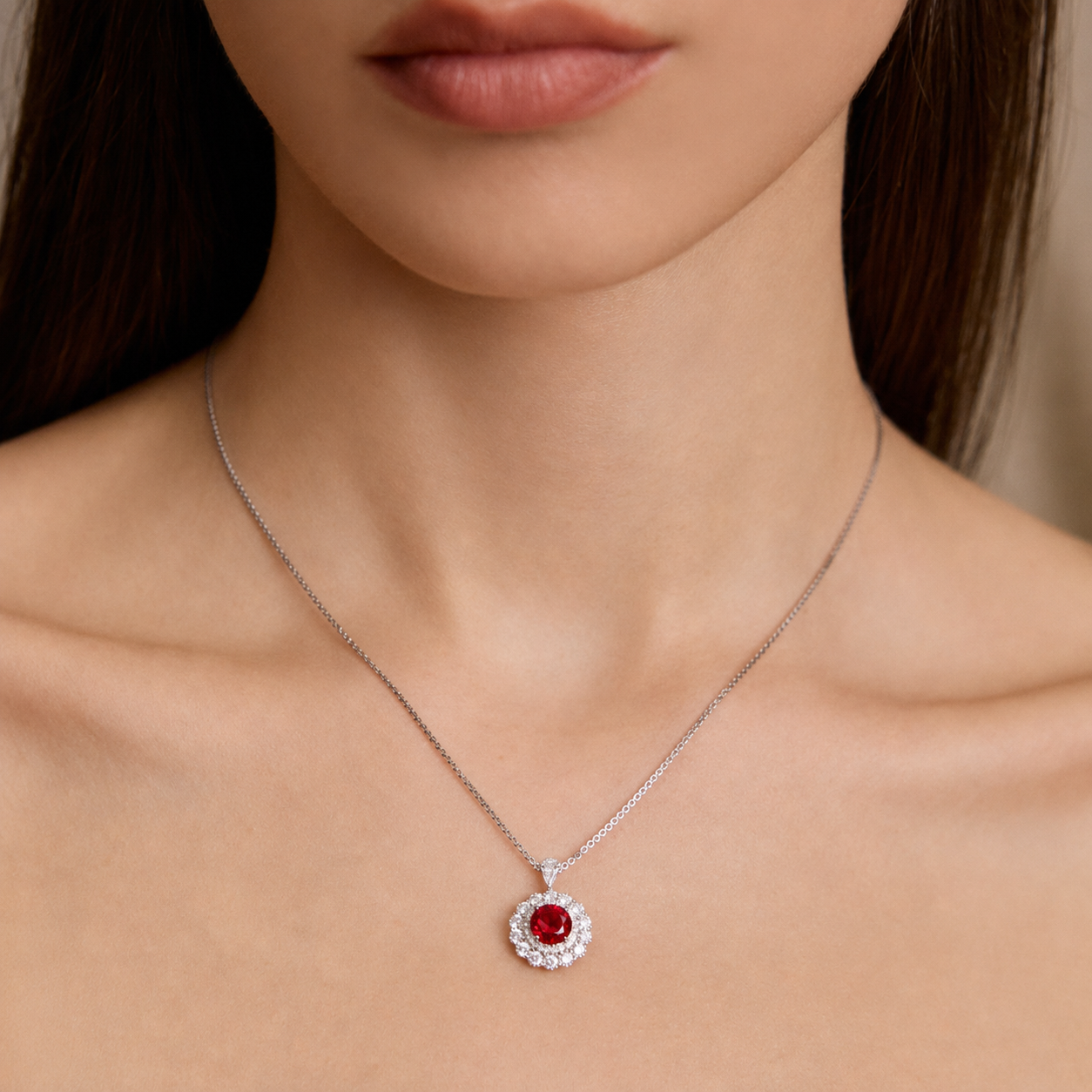 Model wearing the Moon Halo Ruby Necklace with a pigeon-blood red lab-grown ruby pendant and moissanite halo