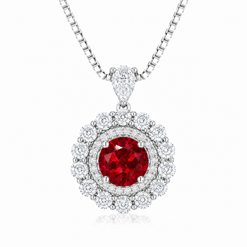 Moon Halo Ruby Necklace with a pigeon-blood red lab-grown ruby and moissanite halo in rhodium-plated sterling silver