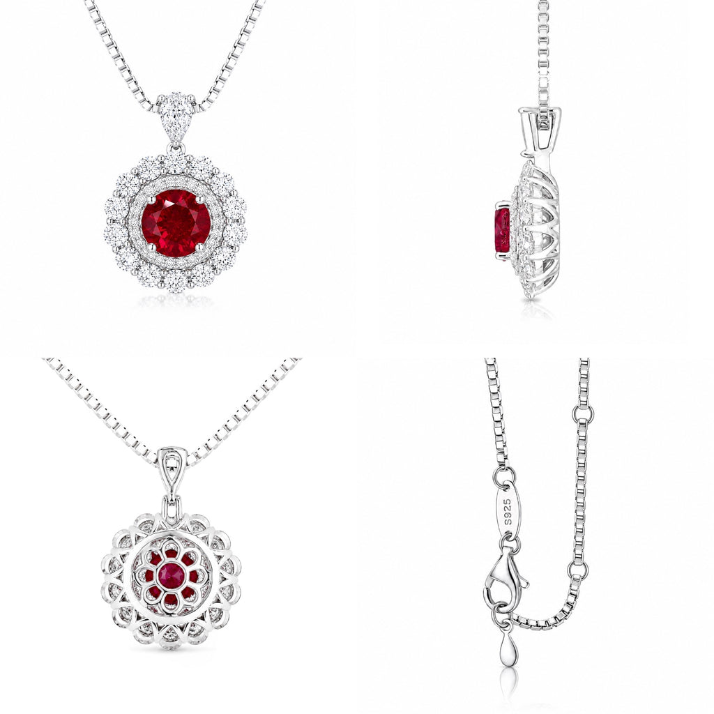 Four views of the Moon Halo Ruby Necklace showing the front, side, back, and pendant details with a lab-grown ruby and moissanite halo