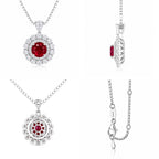 Four views of the Moon Halo Ruby Necklace showing the front, side, back, and pendant details with a lab-grown ruby and moissanite halo