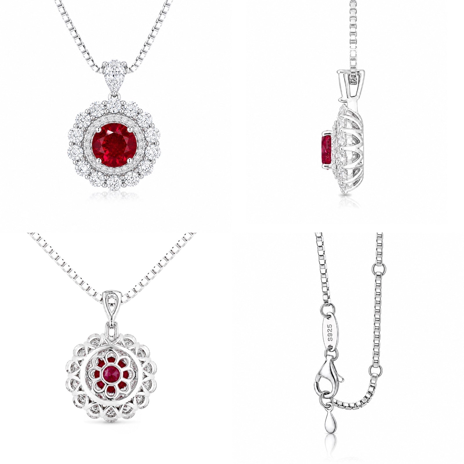 Four views of the Moon Halo Ruby Necklace showing the front, side, back, and pendant details with a lab-grown ruby and moissanite halo