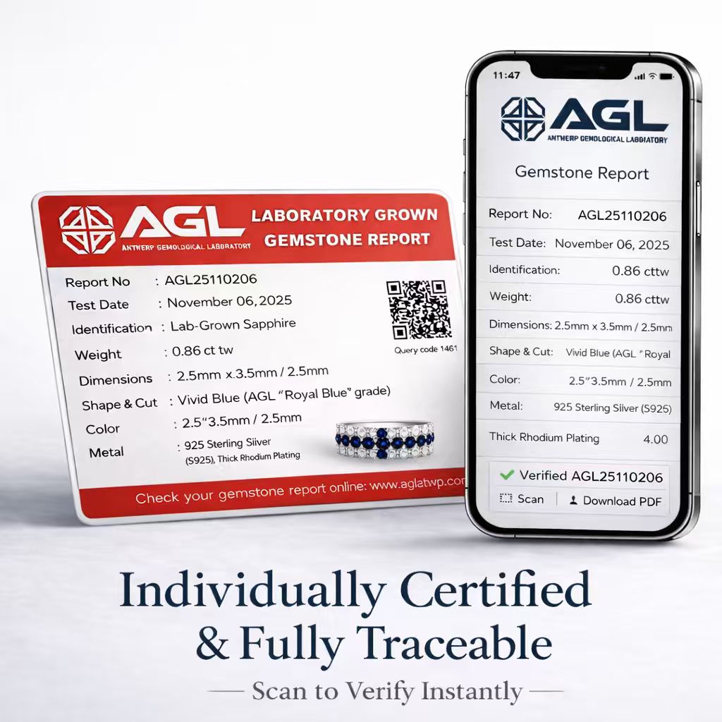 AGL certificate and online verification report for cross-inspired lab-grown sapphire and moissanite ring