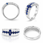 Multiple views of cross-inspired lab-grown blue sapphire and moissanite ring in rhodium-plated 925 sterling silver