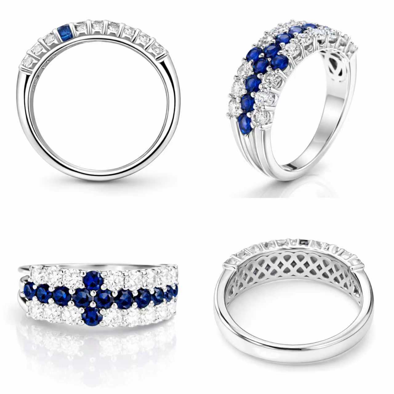 Multiple views of cross-inspired lab-grown blue sapphire and moissanite ring in rhodium-plated 925 sterling silver