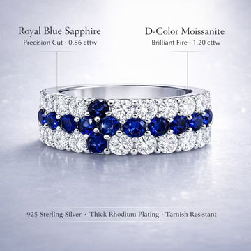 Cross-inspired lab-grown royal blue sapphire and D-color moissanite ring in rhodium-plated 925 sterling silver