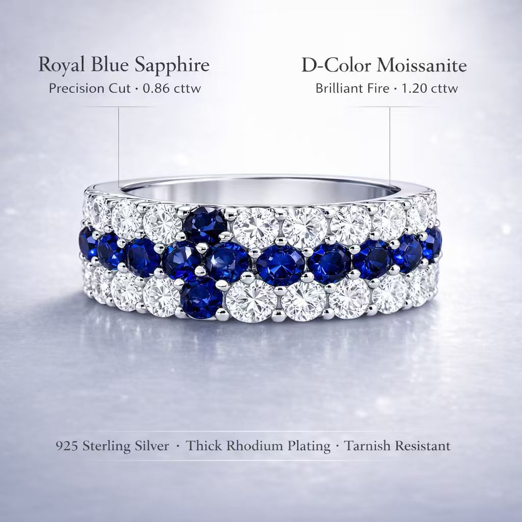 Cross-inspired lab-grown royal blue sapphire and D-color moissanite ring in rhodium-plated 925 sterling silver