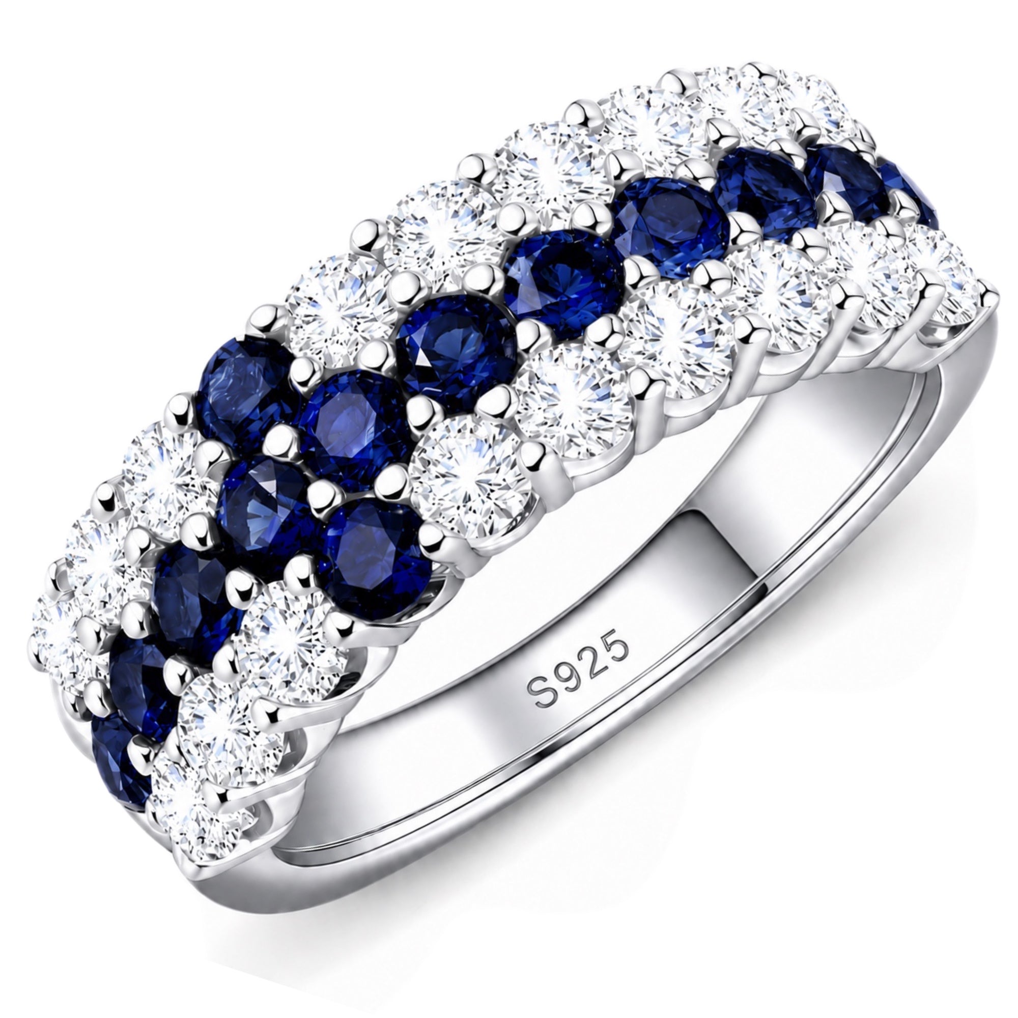 Cross-inspired lab-grown blue sapphire and moissanite ring in rhodium-plated 925 sterling silver