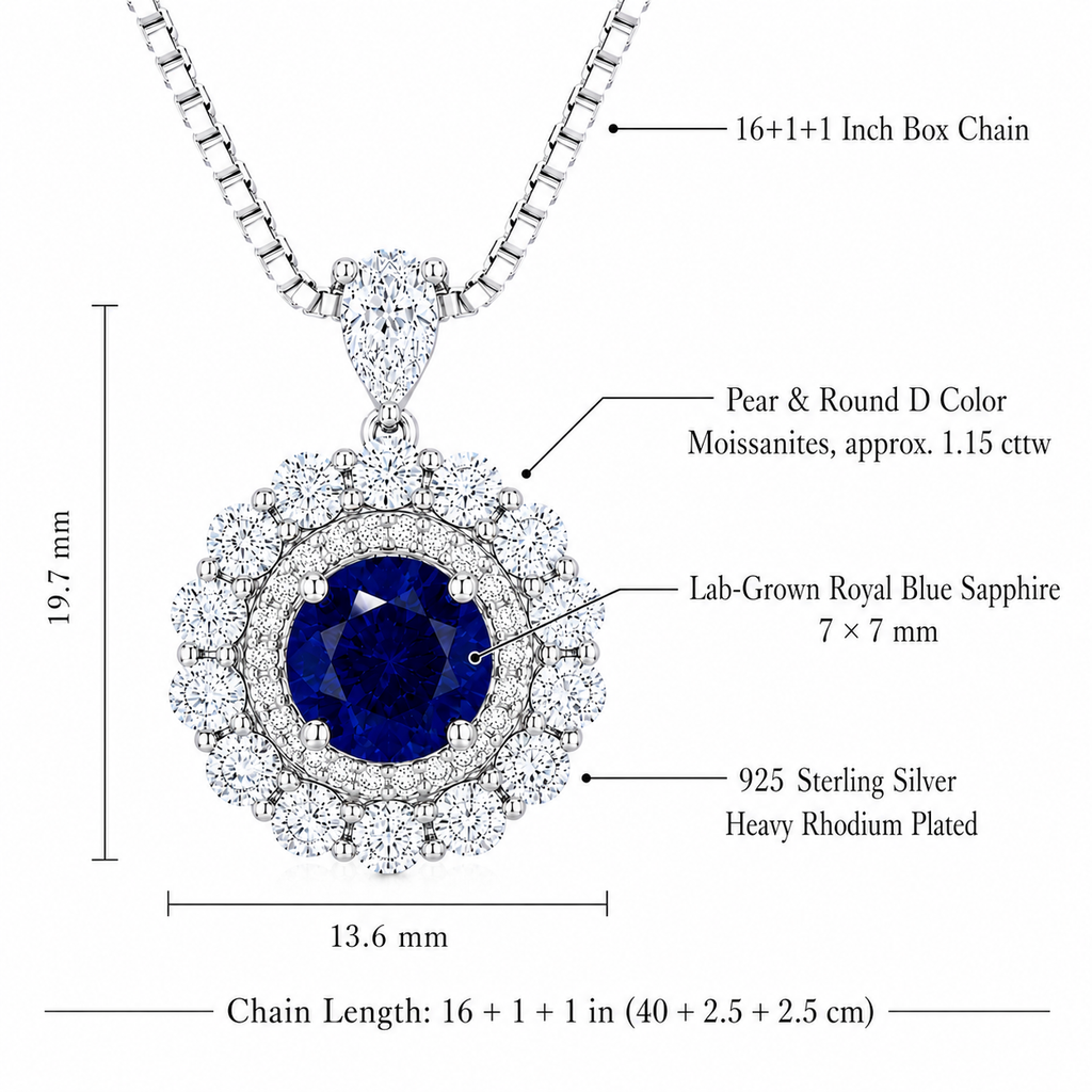 Moon Halo Blue Sapphire Necklace detail view showing the sapphire center stone, moissanite accents, and silver setting