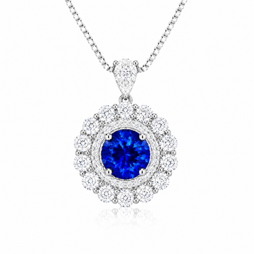 Moon Halo Blue Sapphire Necklace with a lab-grown blue sapphire and moissanite halo in rhodium-plated sterling silver